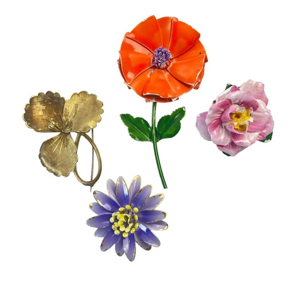 VINTAGE FLORAL BROOCHES - Set of 3 Vintage Floral Enamel Metallic + Bonus - Picture 1 of 14